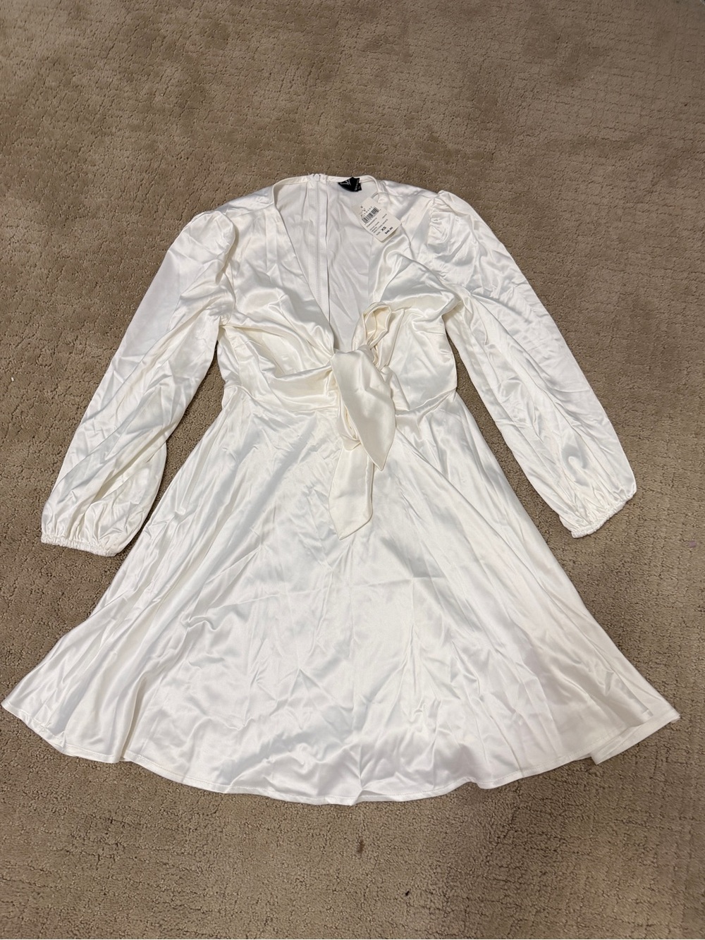 Windsor White Satin Tie-Front Long Sleeve Dress